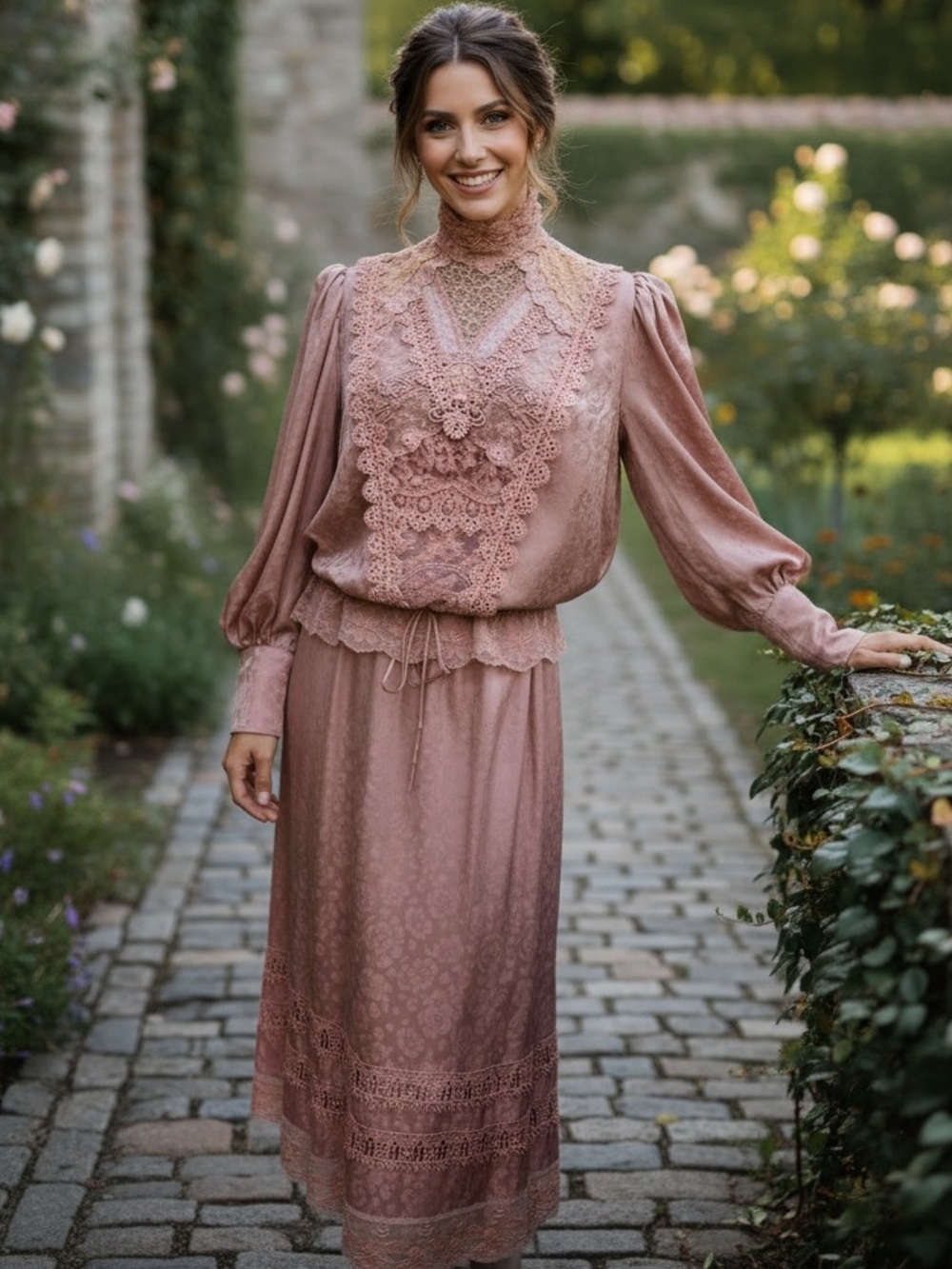SUSAN PHILADELPHIA 2PC MAUVE BROCADE & LACE BISHOP SLEEVE TOP & MIDI SKIRT SZ S